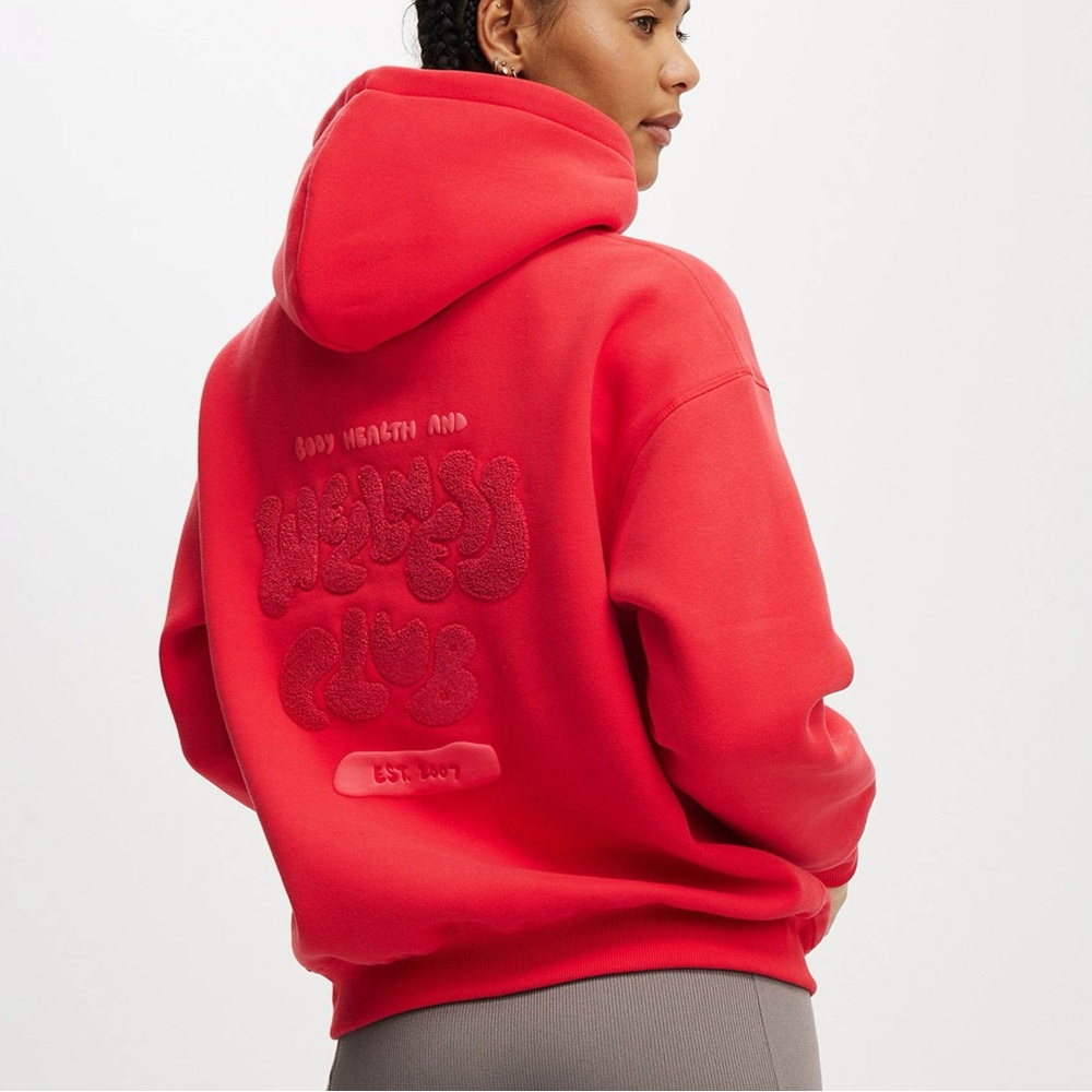 Cotton:On Plush premium graphic hoodie in Red with Graphic Print size SP